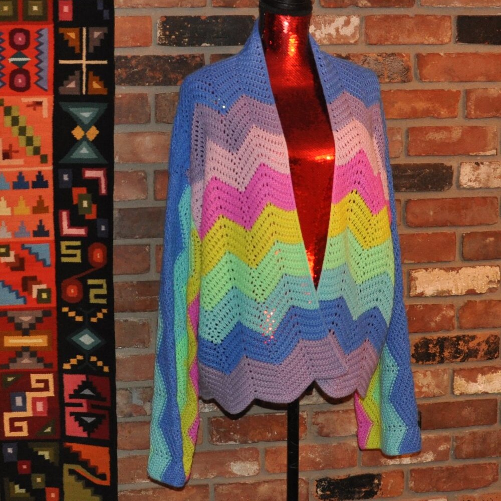 Davi & Dani Rainbow Zig-Zag Stripe Knit Open Cardigan Bell Sleeve L